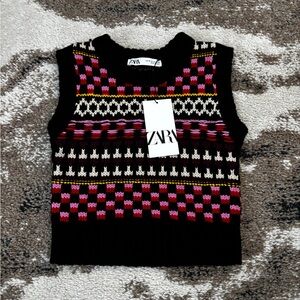 Zara Women's Black and Pink Geometric Tank Top